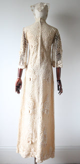 "Cream Floral Lace" Vintage 1960's Cream Floral Lace Dress & Matching Bandana UK 8-10 US 4-6