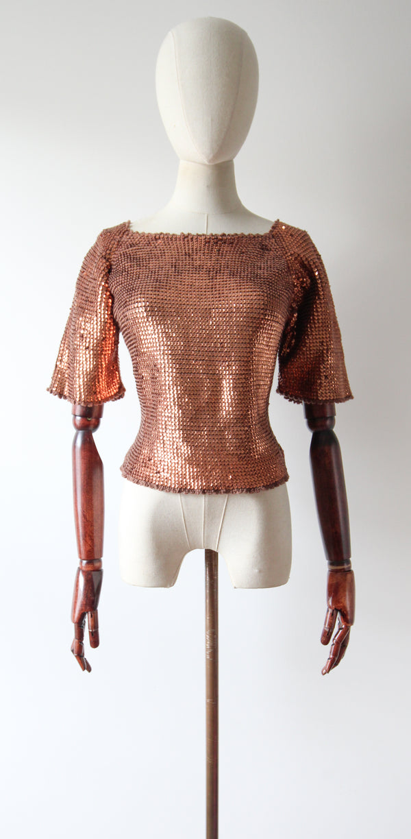 "Scalloped Bronze Sequins" Vintage 1950's Knitted Scalloped Sequin Blouse UK 12 US 8 (Copy)