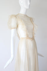 "Organza Pleats" Vintage 1930's Cream Silk Organza Pleated Detail Gown UK 6 US 2