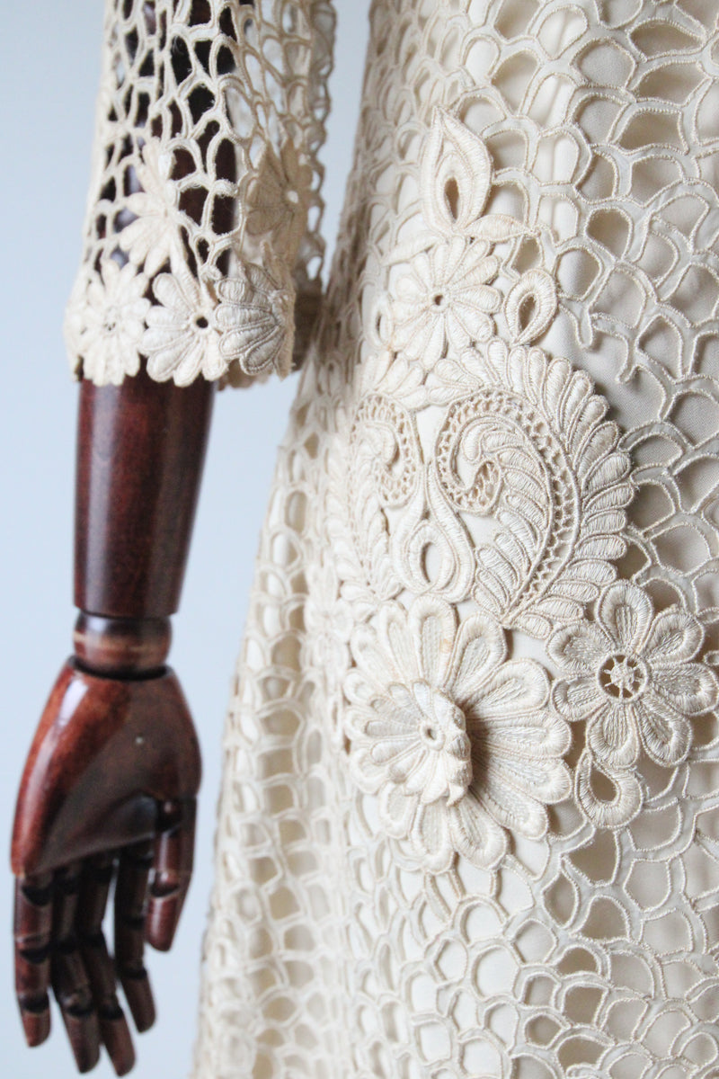 "Cream Floral Lace" Vintage 1960's Cream Floral Lace Dress & Matching Bandana UK 8-10 US 4-6