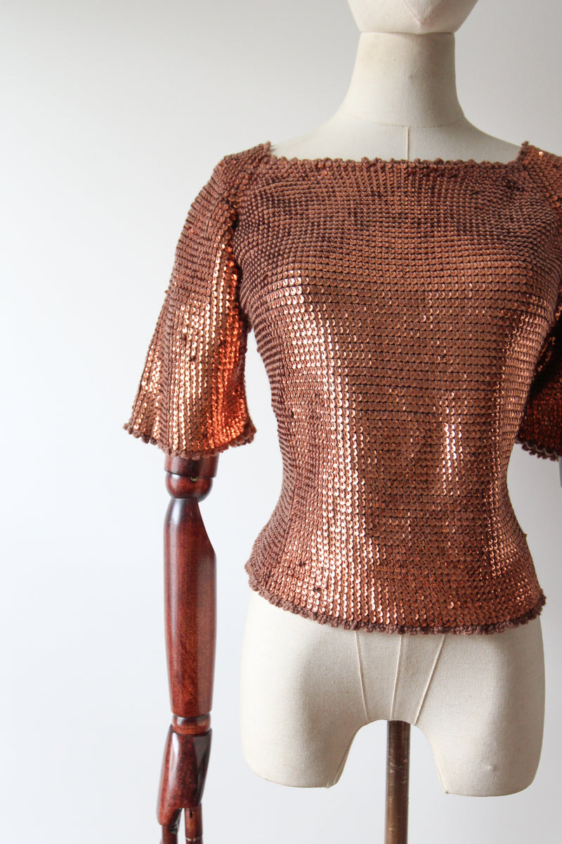 "Scalloped Bronze Sequins" Vintage 1950's Knitted Scalloped Sequin Blouse UK 12 US 8 (Copy)