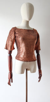 "Scalloped Bronze Sequins" Vintage 1950's Knitted Scalloped Sequin Blouse UK 12 US 8 (Copy)