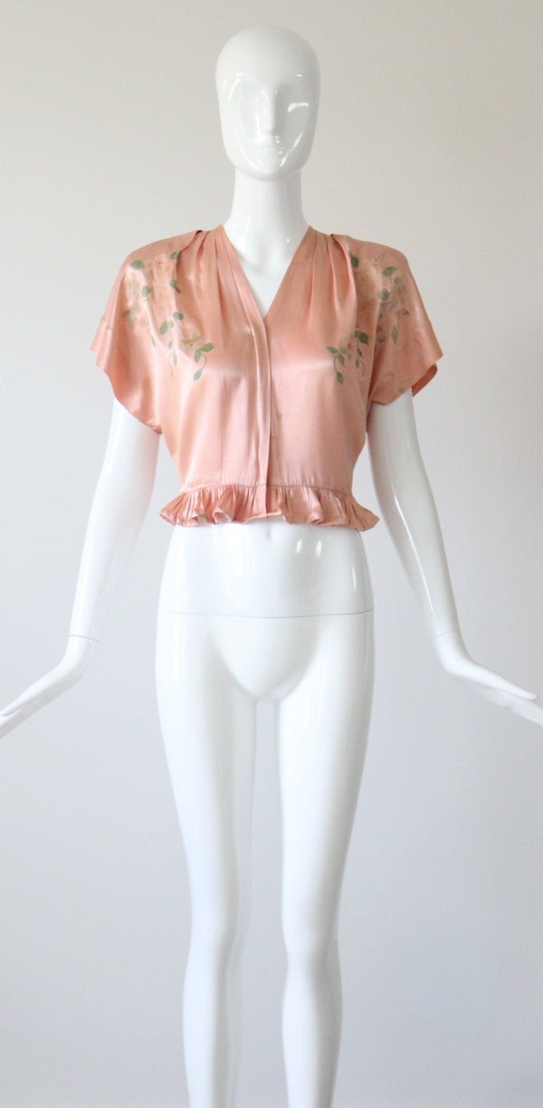 "Hand Painted Florals" Vintage 1940's Ballerina Pink Painted Blouse UK 8 US 4
