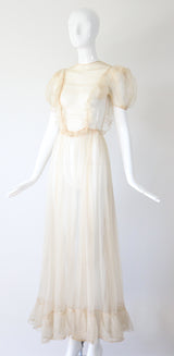 "Organza Pleats" Vintage 1930's Cream Silk Organza Pleated Detail Gown UK 6 US 2