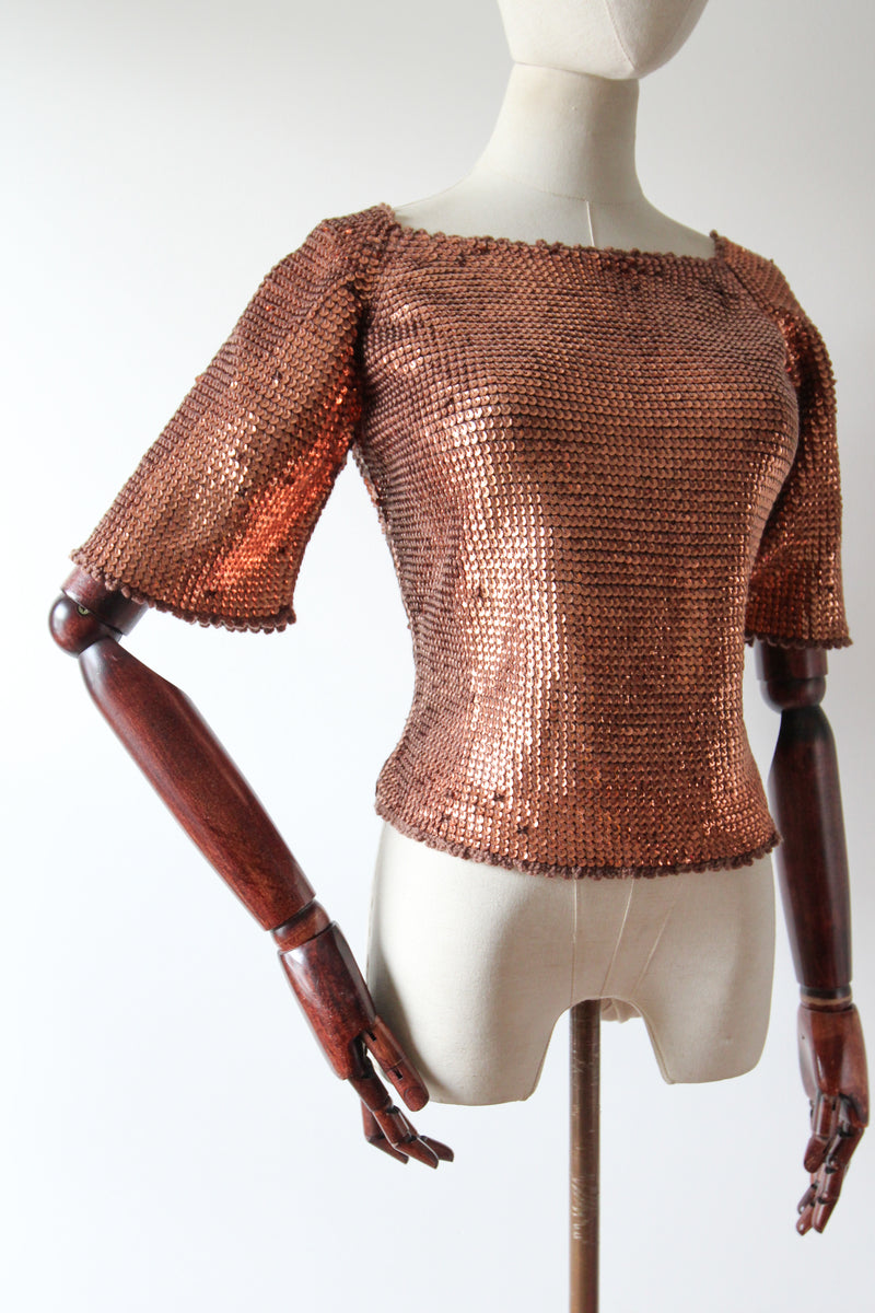 "Scalloped Bronze Sequins" Vintage 1950's Knitted Scalloped Sequin Blouse UK 12 US 8 (Copy)