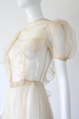 "Organza Pleats" Vintage 1930's Cream Silk Organza Pleated Detail Gown UK 6 US 2