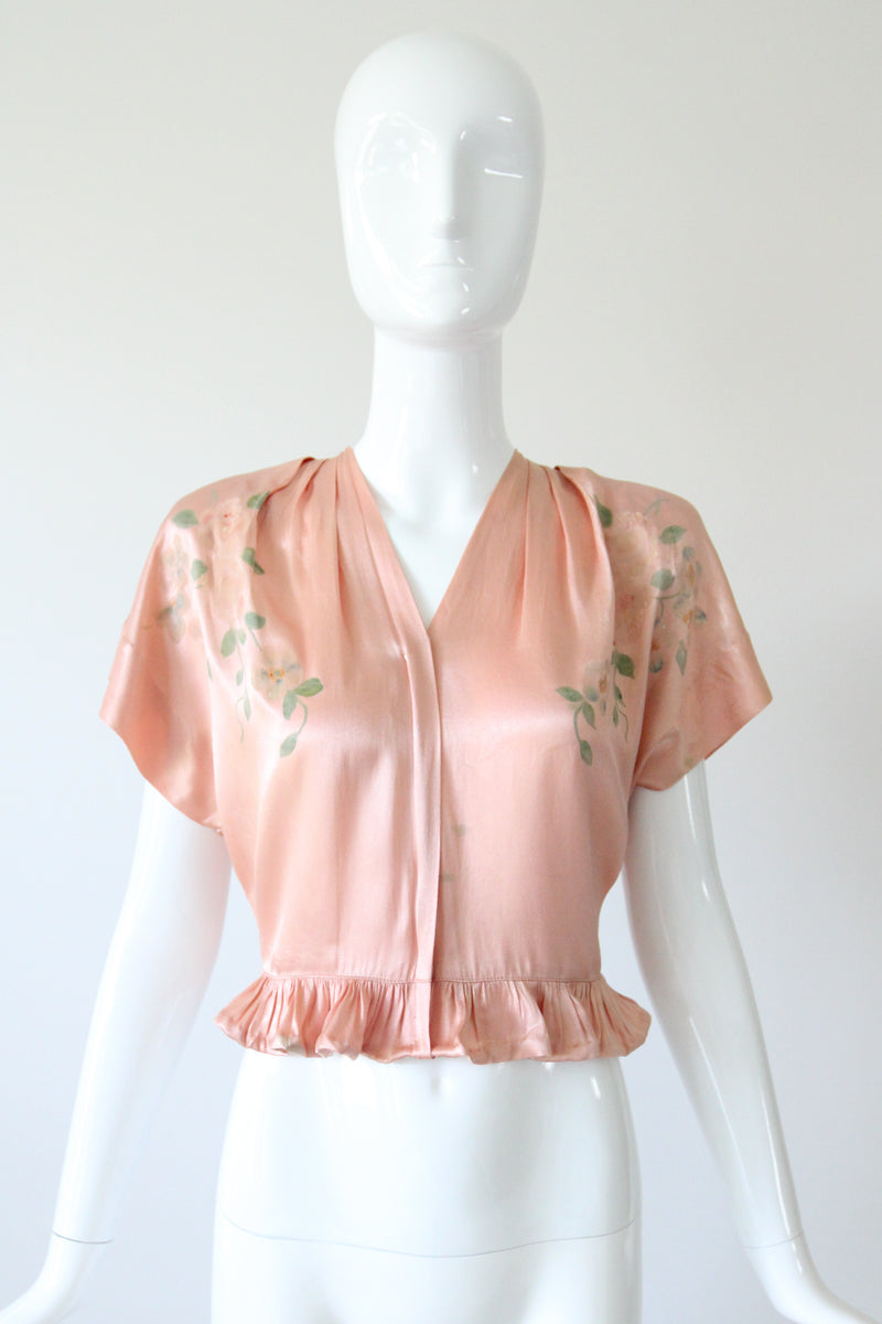 "Hand Painted Florals" Vintage 1940's Ballerina Pink Painted Blouse UK 8 US 4