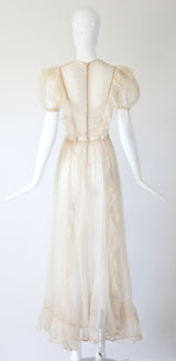 "Organza Pleats" Vintage 1930's Cream Silk Organza Pleated Detail Gown UK 6 US 2
