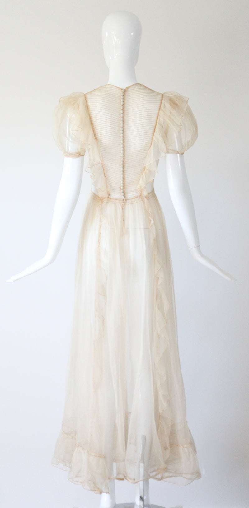 "Organza Pleats" Vintage 1930's Cream Silk Organza Pleated Detail Gown UK 6 US 2