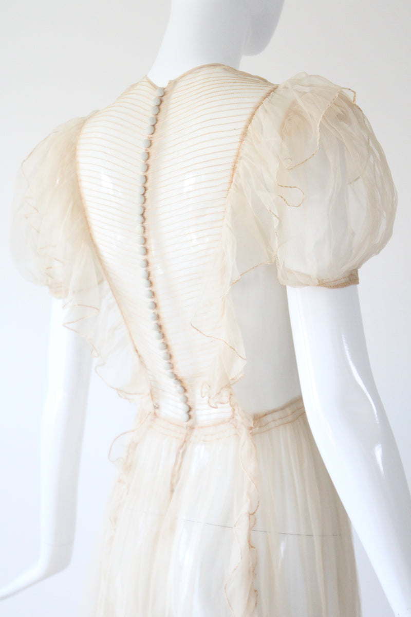 "Organza Pleats" Vintage 1930's Cream Silk Organza Pleated Detail Gown UK 6 US 2