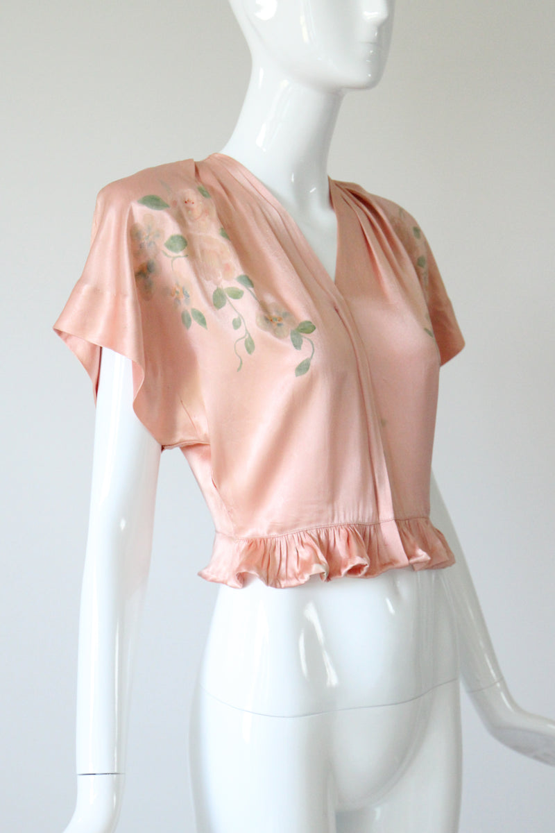 "Hand Painted Florals" Vintage 1940's Ballerina Pink Painted Blouse UK 8 US 4