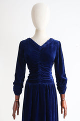 "Azure Blue Velvet" Vintage 1930's Azure Blue Silk Velvet Dress UK 10 US 6