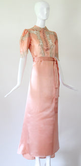 "Taupe Floral Lace & Silk" Vintage 1930's Taupe Floral Lace & Silk Gown UK 8-10 US 4-6