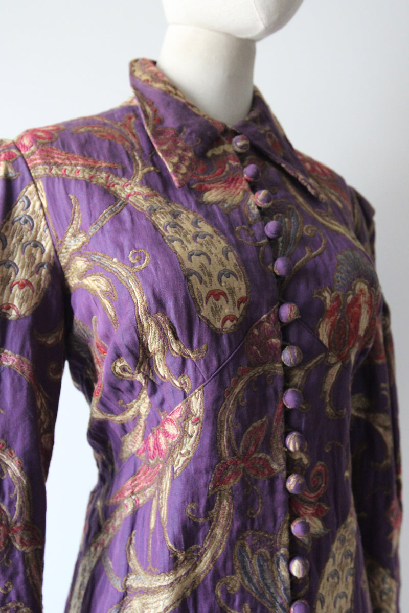 "The Peacock Garden" Vintage 1930's Imperial Magenta Silk Brocade Floral Coat UK 14 US 10