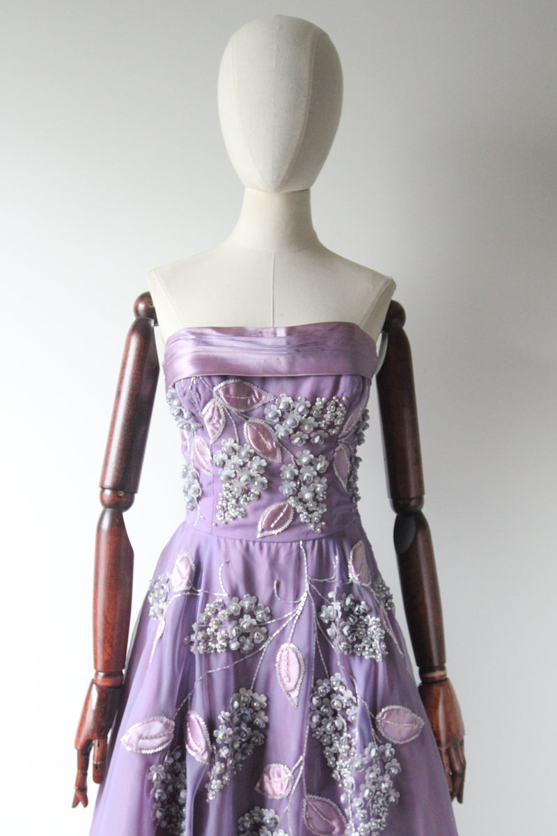 "Beaded Lilacs" Vintage 1950's Beaded Lilac Dress & Jacket UK 8 US 4