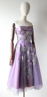 "Beaded Lilacs" Vintage 1950's Beaded Lilac Dress & Jacket UK 8 US 4