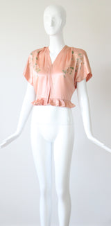 "Hand Painted Florals" Vintage 1940's Ballerina Pink Painted Blouse UK 8 US 4