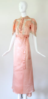 "Taupe Floral Lace & Silk" Vintage 1930's Taupe Floral Lace & Silk Gown UK 8-10 US 4-6
