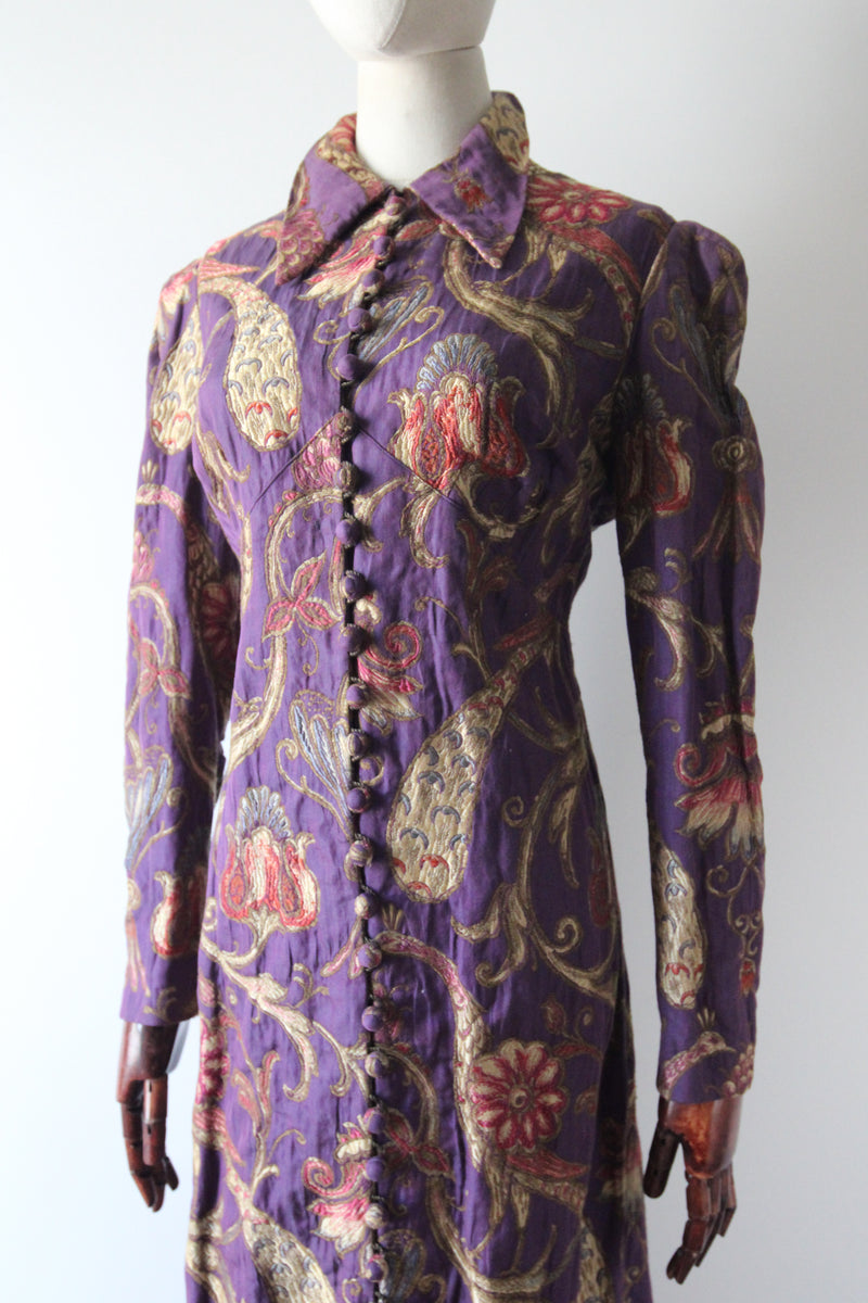 "The Peacock Garden" Vintage 1930's Imperial Magenta Silk Brocade Floral Coat UK 14 US 10