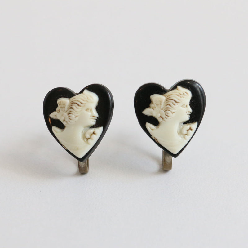 "Heart Shaped Cameos" Vintage 1930's Black & Cream Cameo Earrings