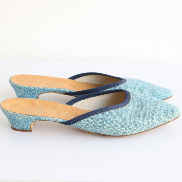 "Blue Tweed" Vintage 1960's Duck Egg Blue Mule Slippers UK 6 EU 39 US 8