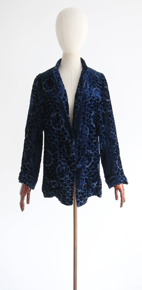 "Rose Devoré" Vintage 1920's Ink Blue Floral Devoré Jacket UK 10-14 US 6-10