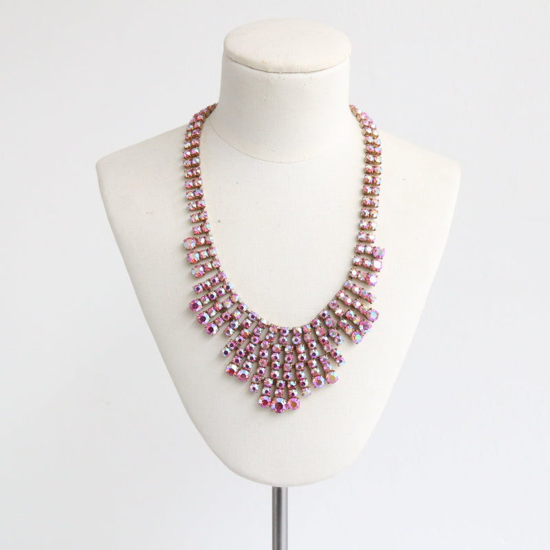 "Iridescent Pink Waterfall" Vintage 1950's Rhinestone Necklace