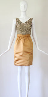 "Pink Sequins & Satin" Vintage 1950's Satin & Beadwork Silk Ceil Chapman Dress UK 6 US 2