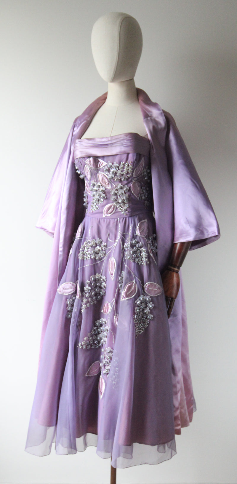 "Beaded Lilacs" Vintage 1950's Beaded Lilac Dress & Jacket UK 8 US 4