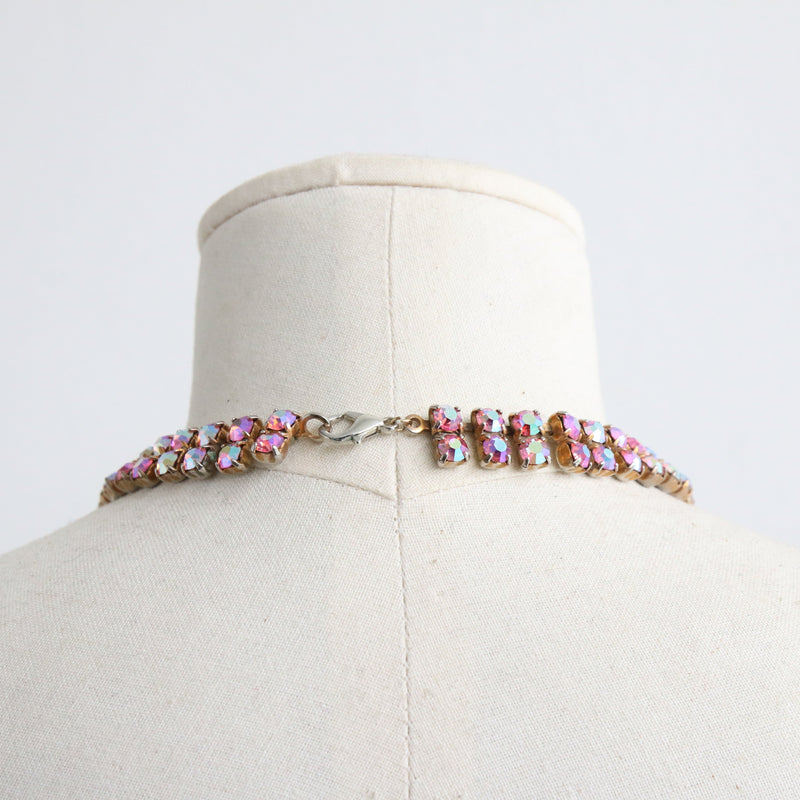 "Iridescent Pink Waterfall" Vintage 1950's Rhinestone Necklace