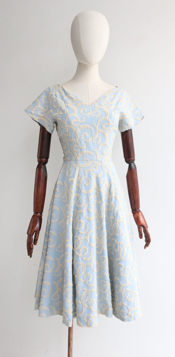 "La Parisienne" Vintage 1950's Pale Blue & Cream Embroidered Dress UK 6-8 US 2-4
