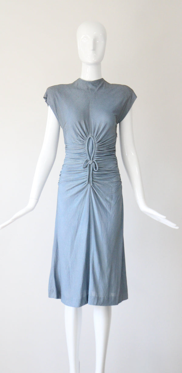 "Gold Lamé & Silk" Vintage 1940's Carolina Blue & Gold Lamé Pleated Dress UK 8 US 4