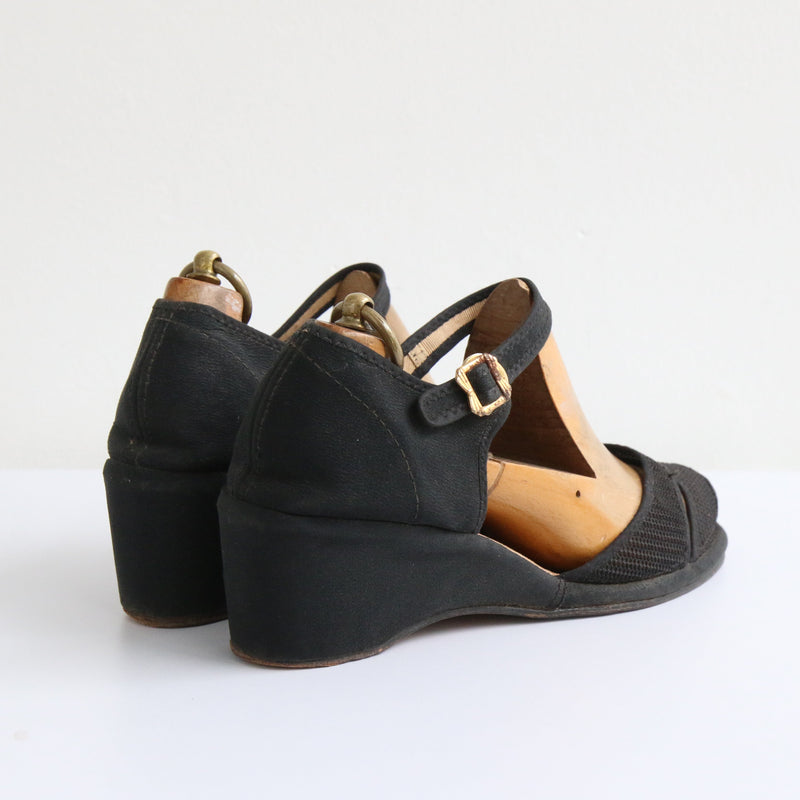 "Summer Mesh" Vintage 1940's Black Mesh Peep Toe Sandals UK 4 EU 37 US 6
