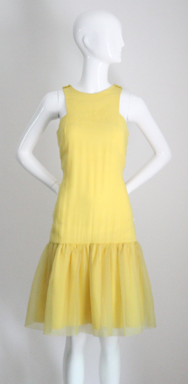 "Sunshine Yellow" Vintage 1960's Yellow Chiffon Drop Waist Dress UK 8 US 4