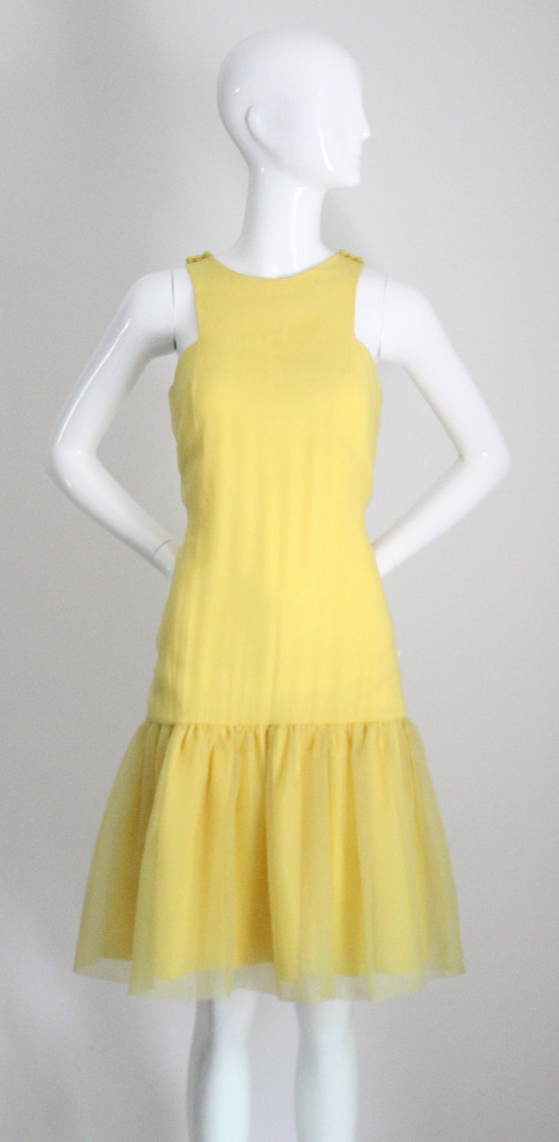 "Sunshine Yellow" Vintage 1960's Yellow Chiffon Drop Waist Dress UK 8 US 4