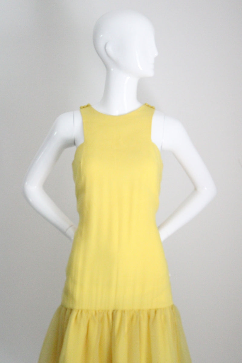 "Sunshine Yellow" Vintage 1960's Yellow Chiffon Drop Waist Dress UK 8 US 4