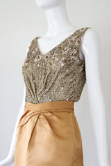 "Pink Sequins & Satin" Vintage 1950's Satin & Beadwork Silk Ceil Chapman Dress UK 6 US 2