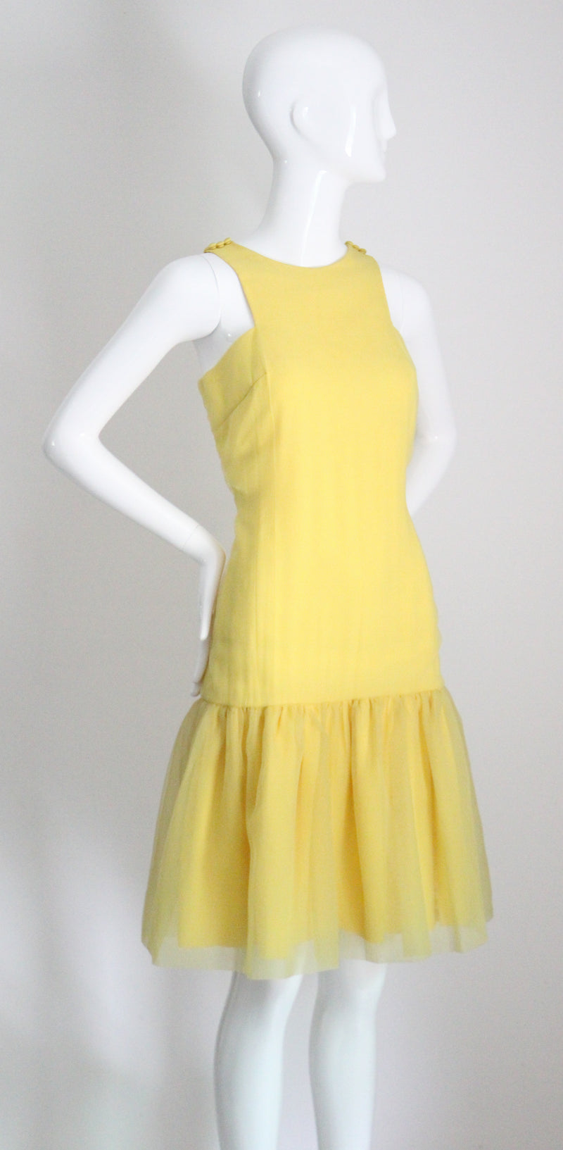 "Sunshine Yellow" Vintage 1960's Yellow Chiffon Drop Waist Dress UK 8 US 4