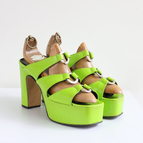 "Lime Green Platforms" Vintage 1970's Lime Green Peep Toe Platform Heels UK 5 EU 38 US 7