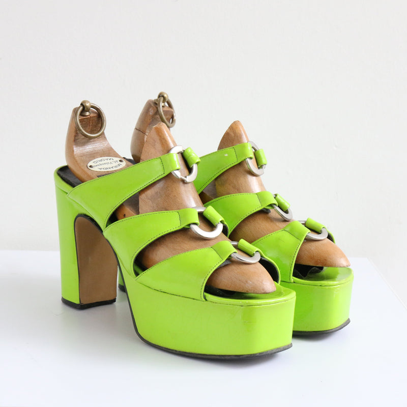 "Lime Green Platforms" Vintage 1970's Lime Green Peep Toe Platform Heels UK 5 EU 38 US 7