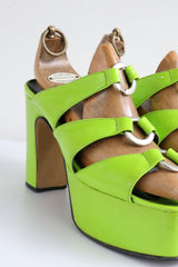 "Lime Green Platforms" Vintage 1970's Lime Green Peep Toe Platform Heels UK 5 EU 38 US 7