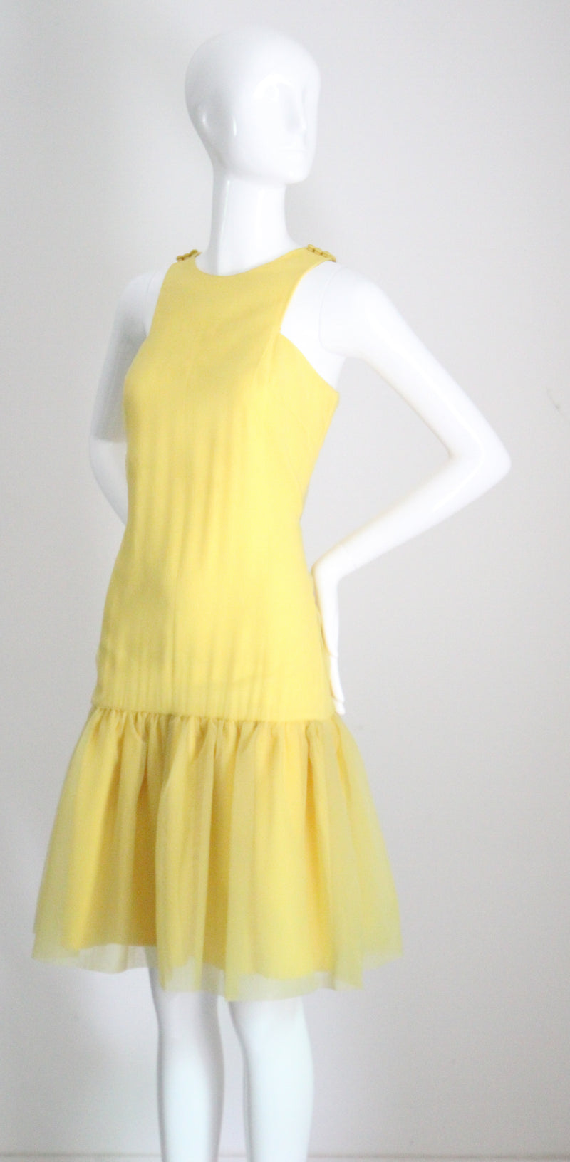 "Sunshine Yellow" Vintage 1960's Yellow Chiffon Drop Waist Dress UK 8 US 4