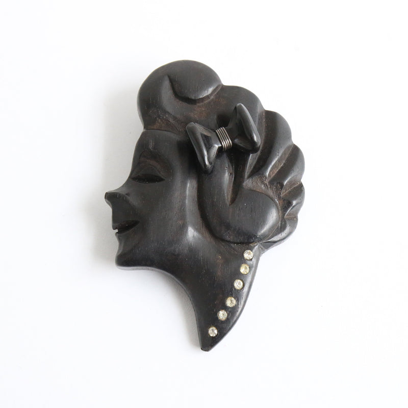 "Silhouette Of A Woman" Vintage 1940's Carved Wooden & Rhinestone Brooch