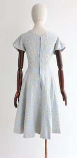 "La Parisienne" Vintage 1950's Pale Blue & Cream Embroidered Dress UK 6-8 US 2-4