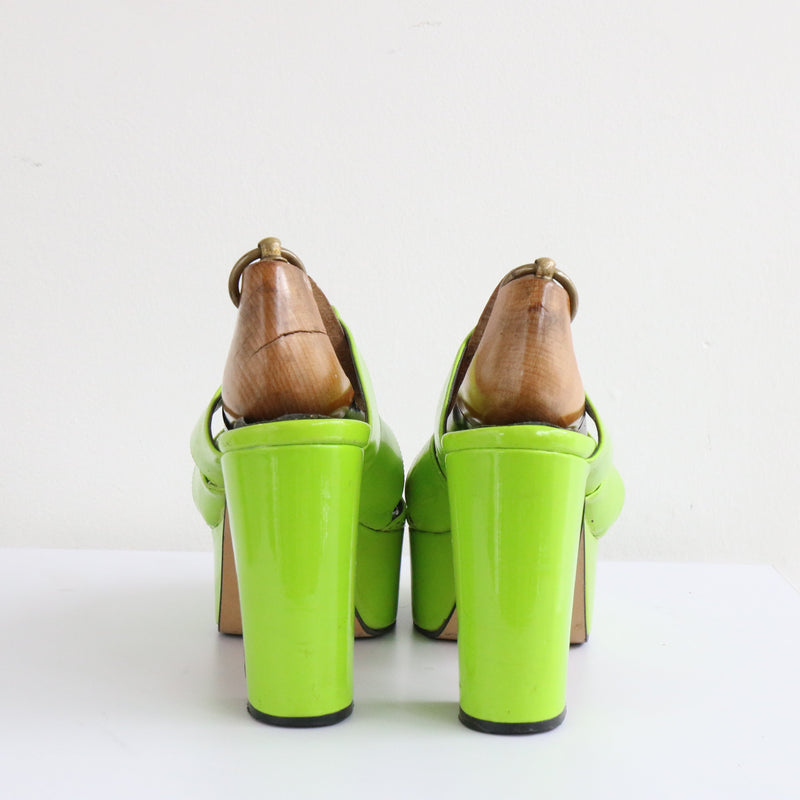 "Lime Green Platforms" Vintage 1970's Lime Green Peep Toe Platform Heels UK 5 EU 38 US 7