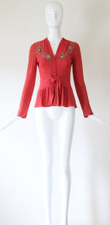 "Sequin Rays" Vintage 1930's Crepe Silk Beaded Blouse UK 8 US 4