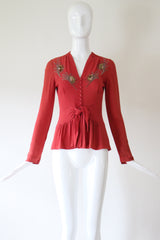 "Sequin Rays" Vintage 1930's Crepe Silk Beaded Blouse UK 8 US 4