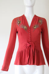 "Sequin Rays" Vintage 1930's Crepe Silk Beaded Blouse UK 8 US 4