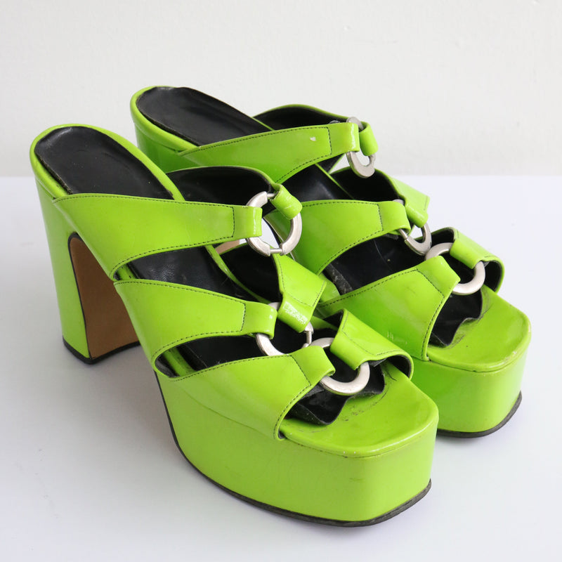 "Lime Green Platforms" Vintage 1970's Lime Green Peep Toe Platform Heels UK 5 EU 38 US 7