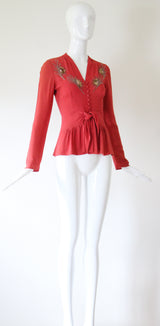 "Sequin Rays" Vintage 1930's Crepe Silk Beaded Blouse UK 8 US 4